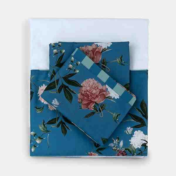 JOGO CAMA KING MONET FLORAL/LISTRADO AZUL/VERDE