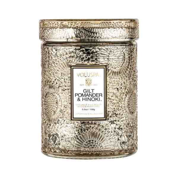 MINI VELA POTE VIDRO 50H RELEVO GILT POMANDER E HINOKI