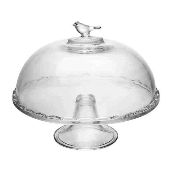 PRATO DE BOLO COM PÉ E TAMPA BIRD 29,5CM X 30CM VIDRO