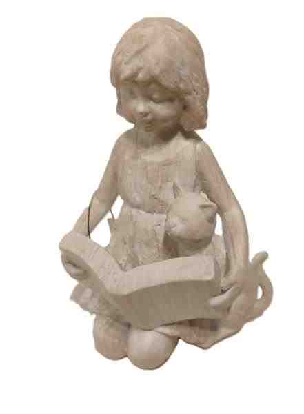 ESCULTURA EM PO DE PEDRA MENINA, GATO E LIVRO