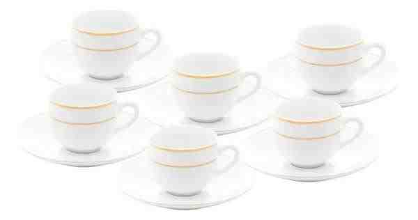 CONJUNTO COM 6 XICARAS DE CHÁ DE PORCELANA COM PIRES E FIO DE OURO MONACO BRANCO
