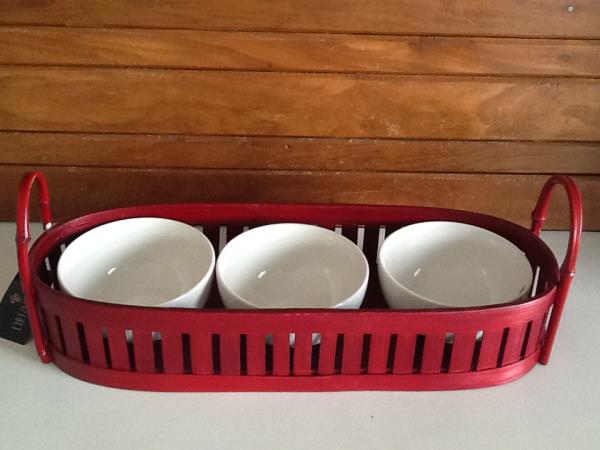 BANDEJA BAMBU C/ 3 BOWLS REDOND PORC RED