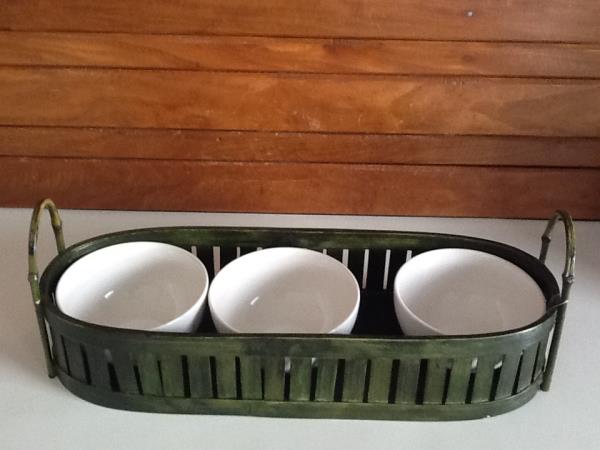 BANDEJA BAMBU C/ 3 BOWLS REDOND PORC GREEN