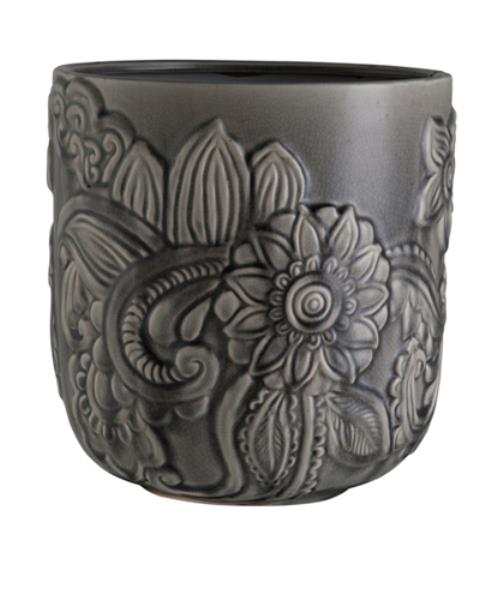 CACHEPO RELEVO FLORAL CINZA