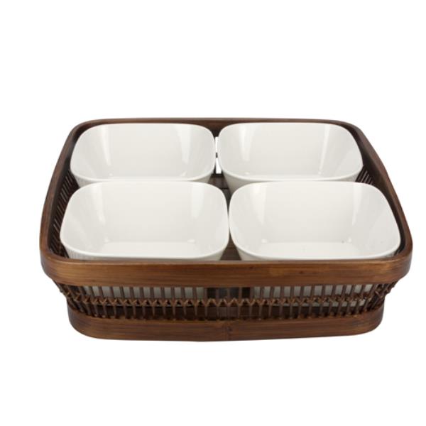 BANDEJA BAMBU C/ 4 BOWLS QUADR PORC DARK