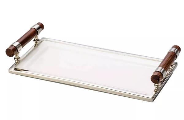 BANDEJA RETANGULAR CERAMICA C/ ALÇA MADEIRA BORDA METAL