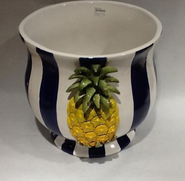 CACHEPOT C/ ARRANJO ABACAXI LISTR BRANCO/AZUL