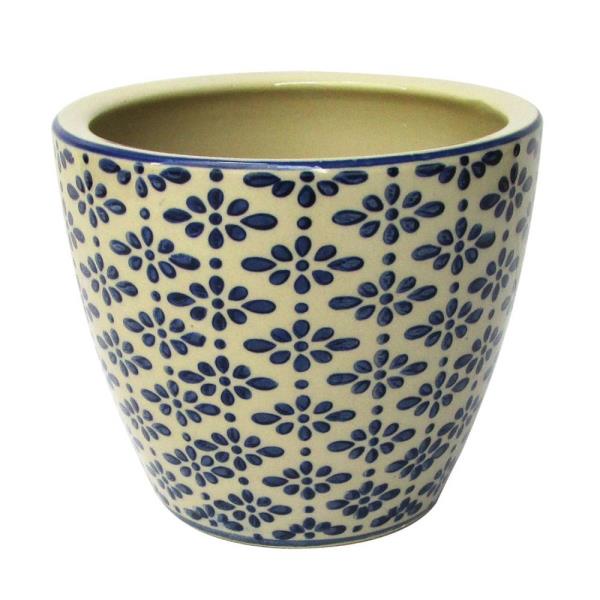 CACHEPOT CERAMICA BEGE AZUL 14,5X17CM