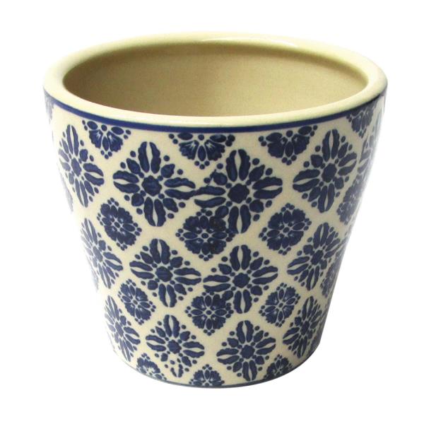 CACHEPOT DE CERAMICA BEGE E AZUL 14X12CM