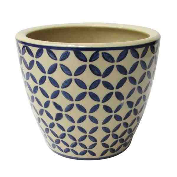 CACHEPOT DE CERAMICA BEGE E AZUL 14,5X17CM