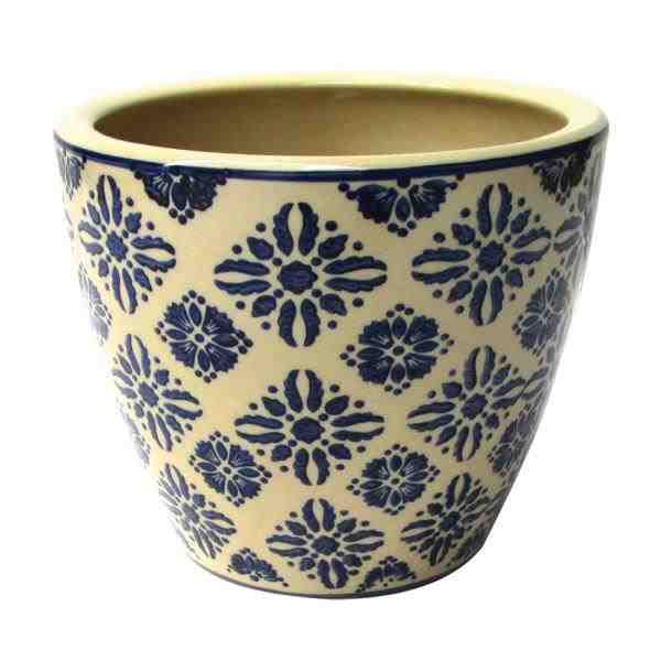 CACHEPOT DE CERAMICA BEGE E AZUL 14,5X17CM