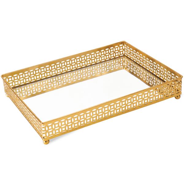 BANDEJA DOURADA EM METAL COM ESPELHO