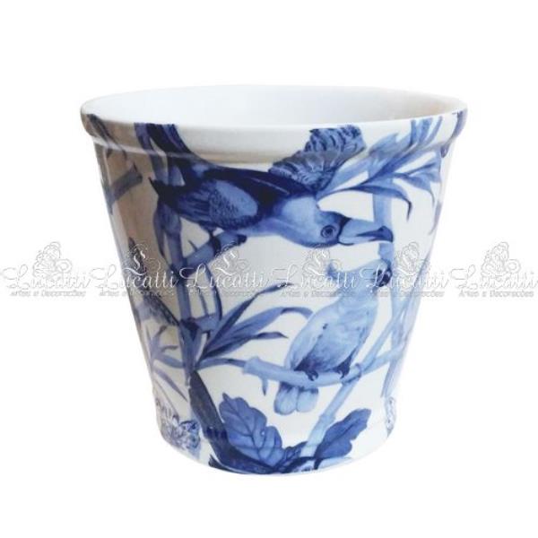 CACHEPOT EM CERAMICA C/ AVES AZUIS