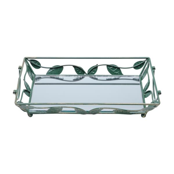 BANDEJA DE FERRO C/ FDO ESPELHADO FOLHAS 32X20,566X5,5CM