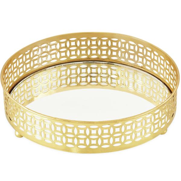 BANDEJA DOURADA EM METAL COM ESPELHO