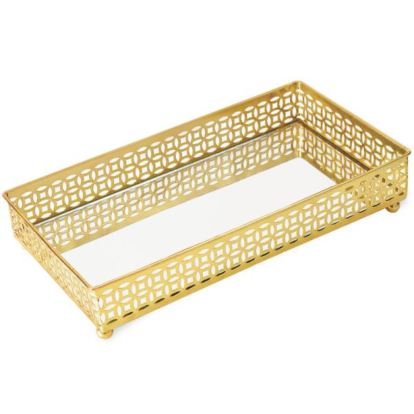 BANDEJA DOURADA EM METAL COM ESPELHO