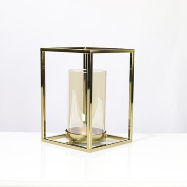 VASO VIDRO SUPORTE CUBO METAL DOURADO 27X19X19