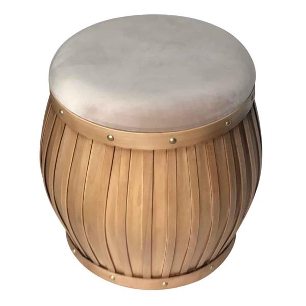 BANQUETA DE MADEIRA E ASSENTO DE TECIDO BEGE