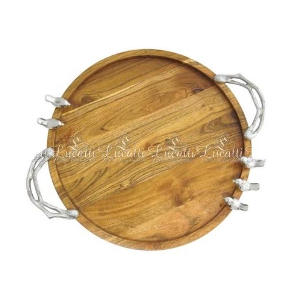 BANDEJA DECORATIVA EM MADEIRA E METAL