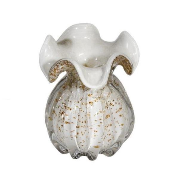 VASO DECOR EM VIDRO BRANCO C/ DOURADO