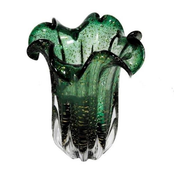 VASO DECOR EM VIDRO VERDE COM DOURADO