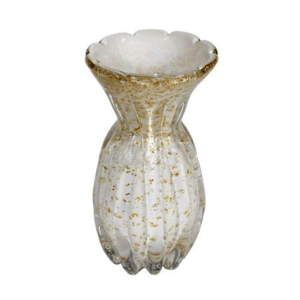 VASO DECOR EM VIDRO BRANCO C/ DOURADO