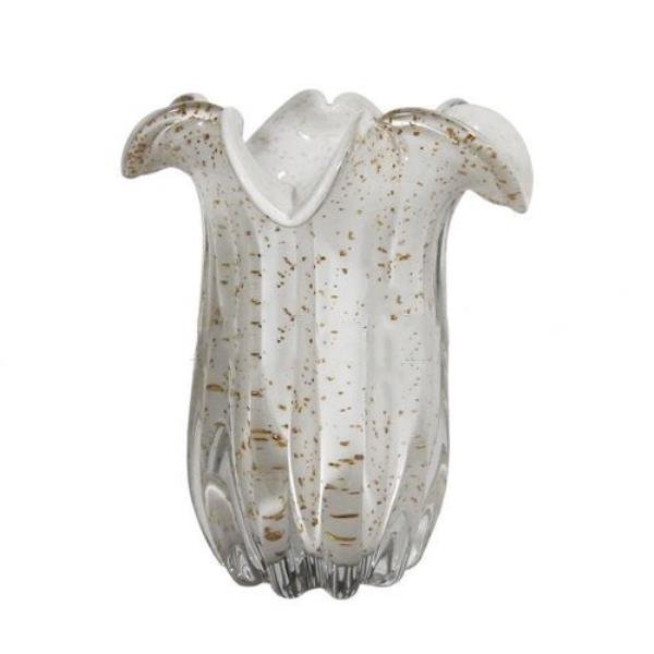 VASO DECOR EM VIDRO BRANCO C/ DOURADO