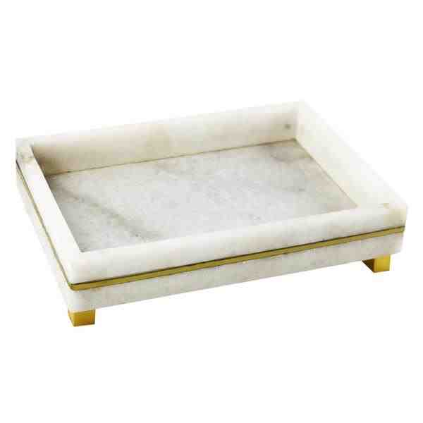 BANDEJA MARMORE BRANCO C/ DET DOURADOS 25X15CM