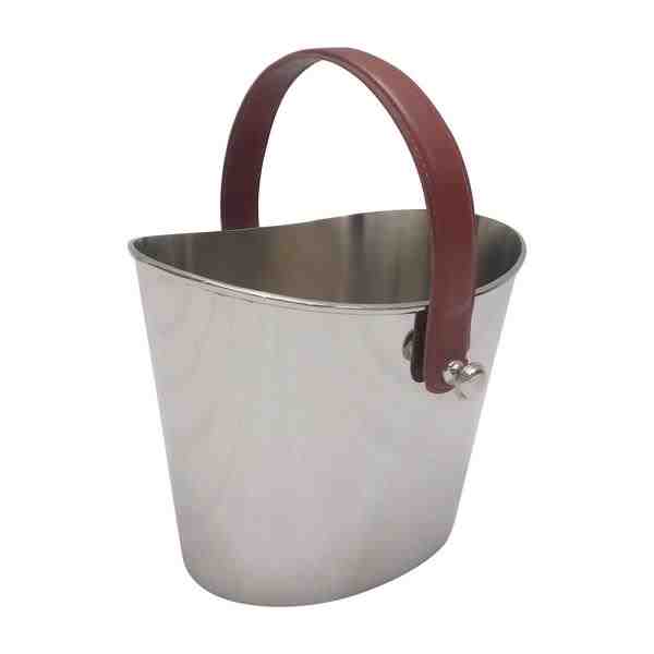 BALDE DE GELO METAL PRATA C/ ALCA COURO MARROM
