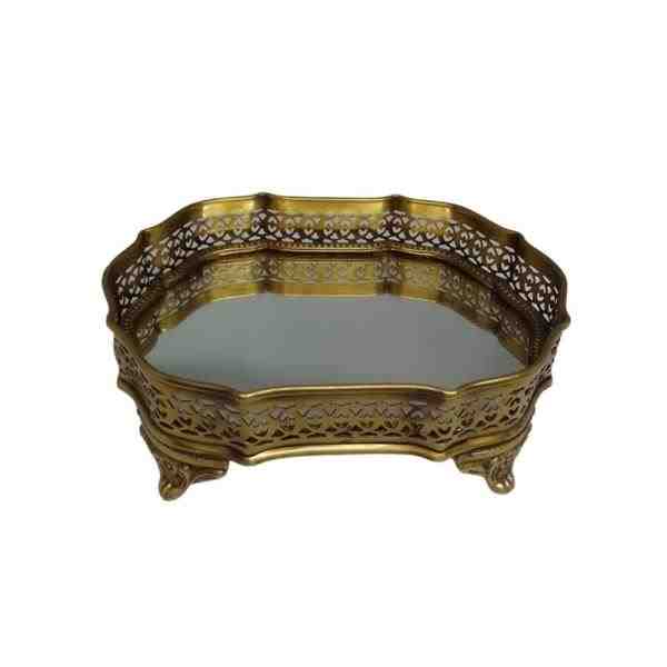 BANDEJA METAL C/ ESPELHO DOURADA