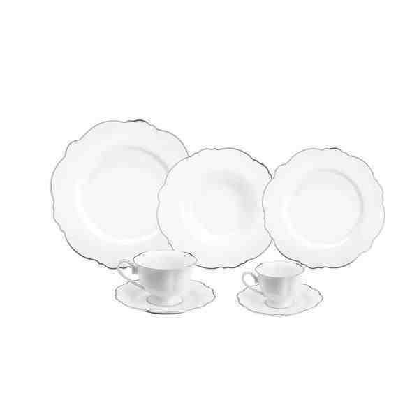 APARELHO DE JANTAR 42 PÇS PORCELANA MALDIVAS BRANCO C/ FIO PRATEADO