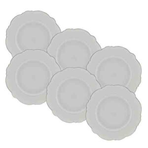 CONJUNTO 6 PRATOS SOBREMESA PORCELANA MALDIVAS BRANCO COM FIO DE PRATA
