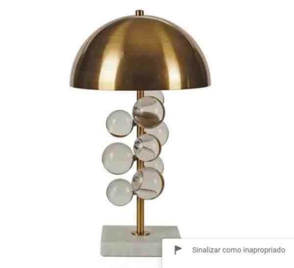 ABAJUR EM METAL DOURADO / MARMORE BRANCO E ESFERAS DE VIDRO INCOLOR