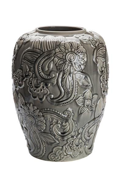 VASO RELEVO FLORAL CINZA