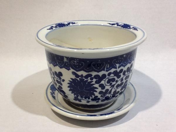VASO CERAMICO AZUL E BRANCO C/ FLORES A