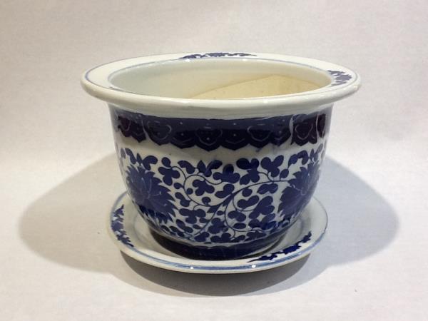 VASO CERAMICO AZUL E BRANCO C/ FLORES B
