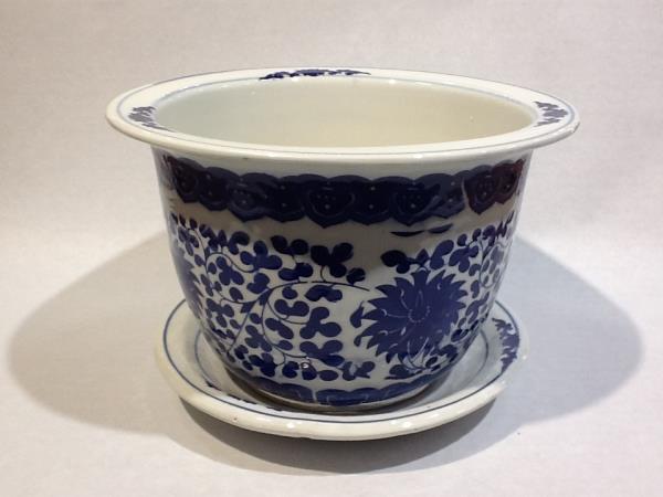 VASO CERAMICO AZUL E BRANCO C/ FLORES C