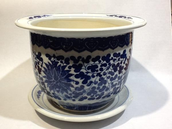 VASO CERAMICO AZUL E BRANCO C/ FLORES D