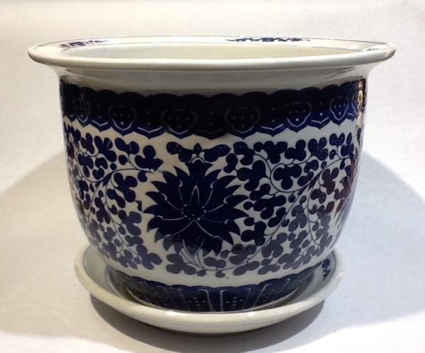 VASO CERAMICO AZUL E BRANCO C/ FLORES E