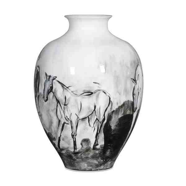 VASO CERAM PINTADO A MAO HORSE BRANCO E PRETO G