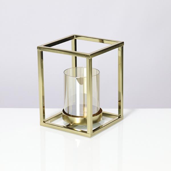 VASO VIDRO SUPORTE CUBO METAL DOURADO 20X15X15CM