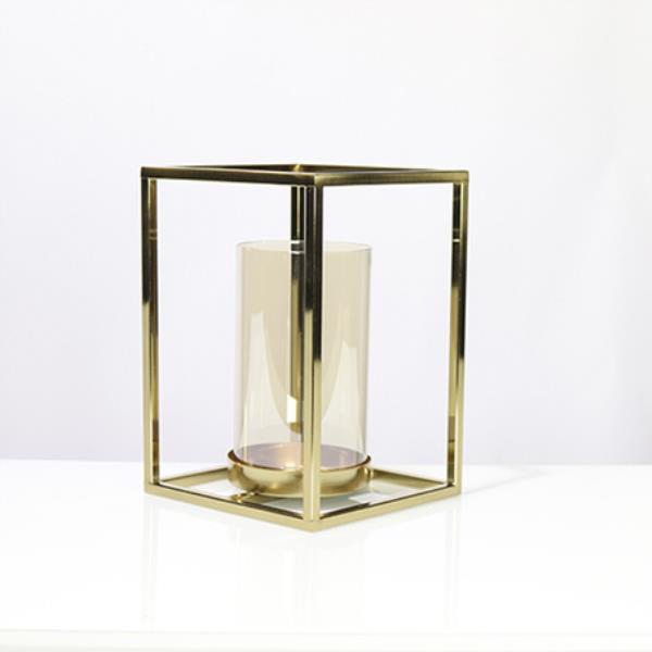 VASO VIDRO SUPORTE CUBO METAL DOURADO 27X19X19