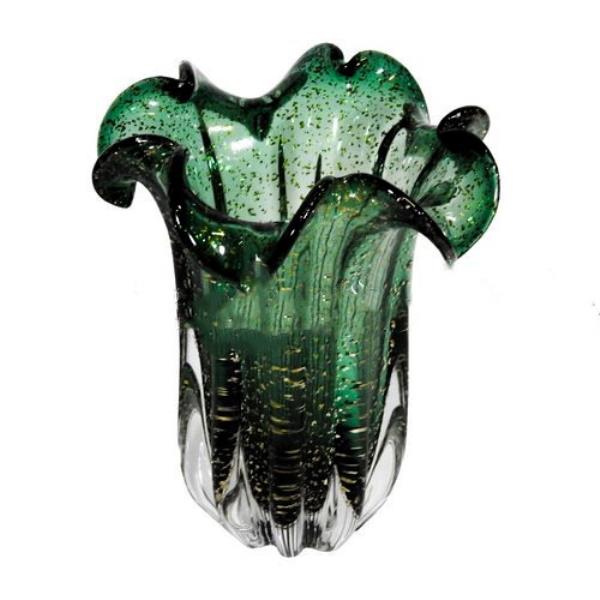 VASO DECOR EM VIDRO VERDE COM DOURADO