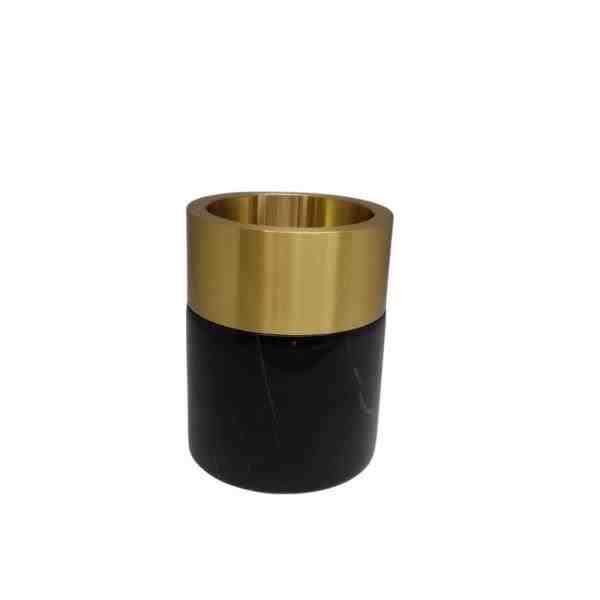 VASO EM MARMORE PRETO C/ METAL DOURADO – P